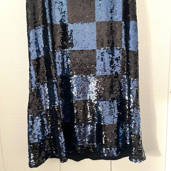 Alice + Olivia Black and Blue Sequin Mini Dress Small Check Checkerboard Pattern - Picture 6 of 12